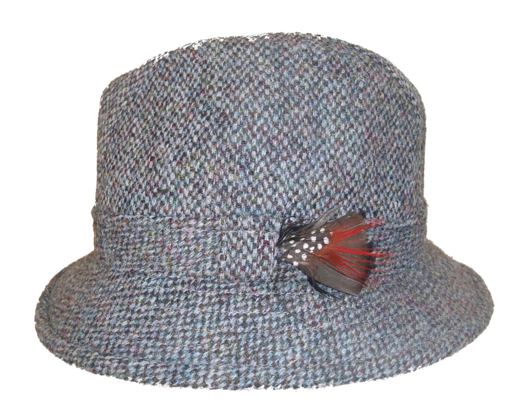 Glen Appin Harris tweed drop drim hat blue brown houndstooth